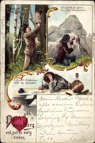 Litho Dein sei mein Herz und soll es ewig bleiben, Berggesicht, Herz in der Baumrinde