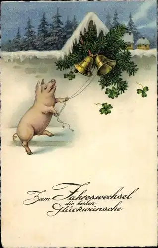 Ak Glückwunsch Neujahr, Schwein läutet Glocken, Kleeblätter