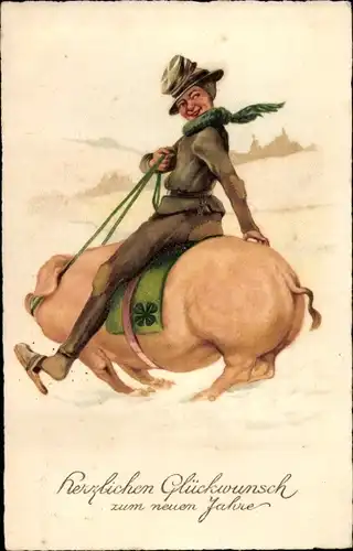 Ak Glückwunsch Neujahr, Mann auf Schwein reitend, Glücksklee