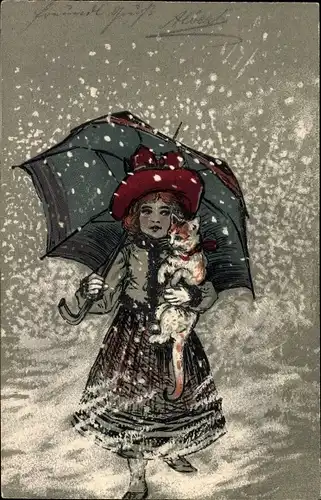 Litho Mädchen und Katze, Schirm, Schneefall