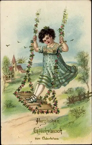 Ak Glückwunsch Geburtstag, Mädchen beim Schaukeln, Blumen