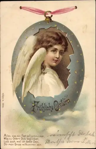 Litho Glückwunsch Ostern, Engelportrait im Osterei