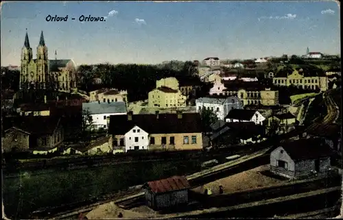 Ak Orlau Orlová Mährisch Schlesien, Ortowa, Teilansicht, Kirche