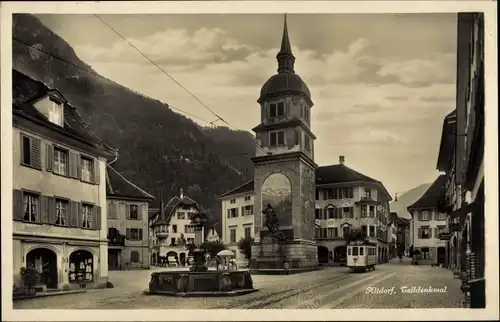 Ak Altdorf Kt Uri, Telldenkmal, Straßenbahn
