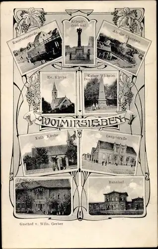 Ak Wolmirsleben im Salzlandkreis, Bahnhof, Langestraße, Kriegerdenkmal, Kasernenstraße, Kirche