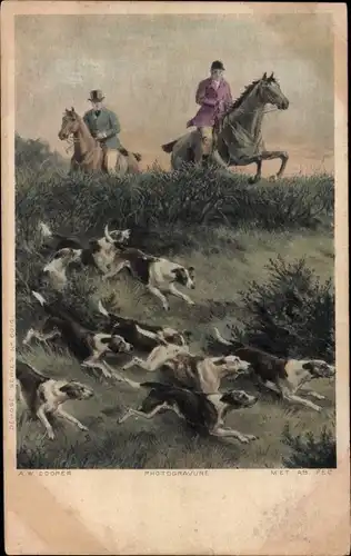 Künstler Litho Cooper, A. W., Jäger zu Pferde, Angriffsbereite Jagdhunde, Jagd