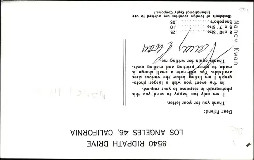 Ak Schauspielerin Nancy Kwan, Portrait, Autogramm