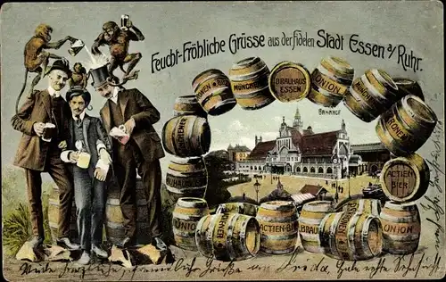 Passepartout Ak Essen im Ruhrgebiet, Bahnhof, Bierfässer, Männer mit Bierkrügen, Affen