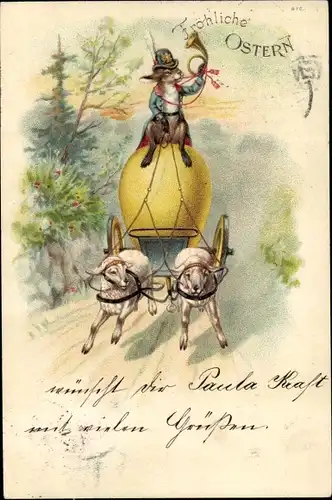 Litho Frohe Ostern, Osterei-Kutsche, Lämmer, Posthorn, Osterhase