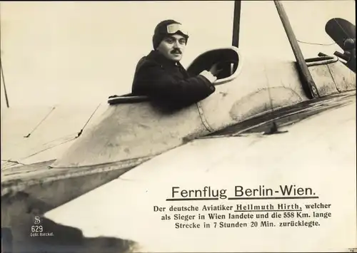 Ak Fernflug Berlin-Wien, deutscher Aviatiker Hellmuth Hirtz, Flugzeug