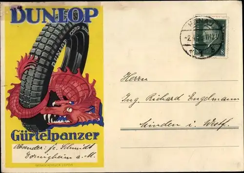 Ak Reklame Dunlop Gürtelpanzer, Reifen, Drache