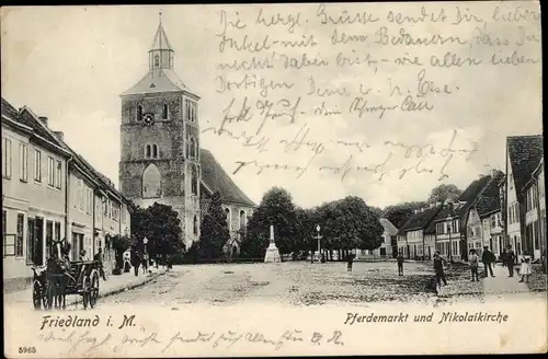 Ak Friedland in Mecklenburg, Pferdemarkt, Nikolaikirche