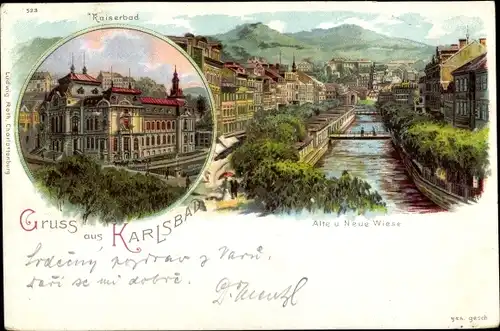 Litho Karlovy Vary Karlsbad Stadt, Kaiserbad, Alte und neue Wiese