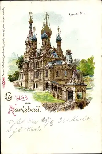 Litho Karlovy Vary Karlsbad Stadt, Russische Kirche