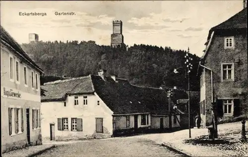 Ak Eckartsberga Burgenlandkreis, Gartenstraße, Geschäftshaus Hugo Siewecke, Turm