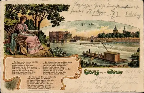 Litho Hameln an der Weser, Weserlied von Dingelstedt, Teilansicht, Wehr