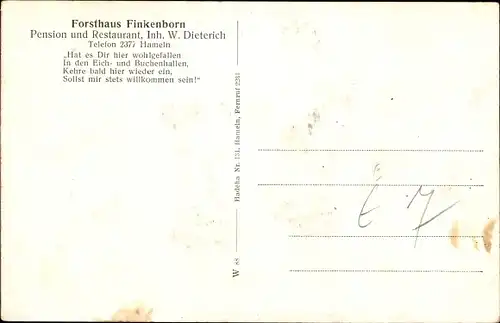 Ak Hameln in Niedersachsen, Pension Restaurant Forsthaus Finkenborn, Inh. W. Dieterich