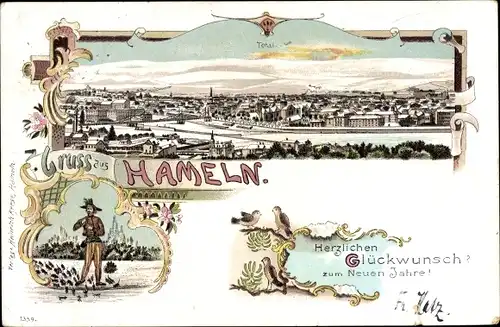 Litho Hameln an der Weser Niedersachsen, Rattenfänger, Panorama, Neujahr