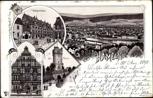 Litho Hameln in Niedersachsen, Hochzeitshaus, Klütturm, Rattenfängerhaus, Panorama vom Ort
