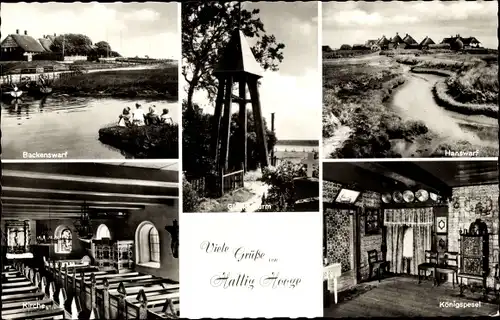 Ak Hallig Hooge in Nordfriesland, Backenswarf, Königspessel, Glockenturm, Kirche, Hanswarf