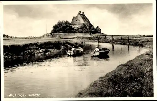 Ak Hallig Hooge in Nordfriesland, Kirchwarf, Ruderboot