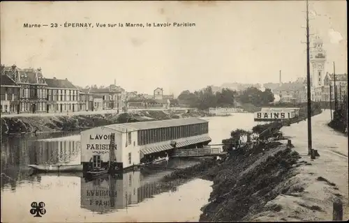 Ak Epernay Marne, Blick auf die Marne, das Pariser Waschhaus