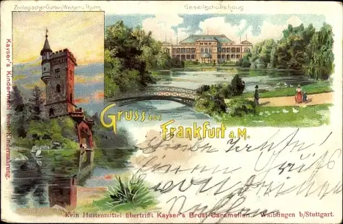 Litho Frankfurt am Main, Gesellschaftshaus, Zoologischer Garten, Weiher, Turm, Werbung Kayser's