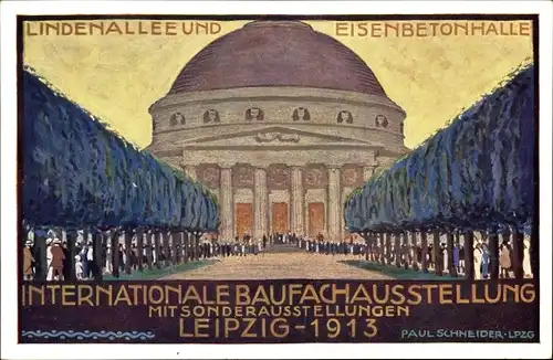 Künstler Ak Leipzig in Sachsen, Int. Baufachausstellung 1913, Lindenallee, Eisenbetonhalle
