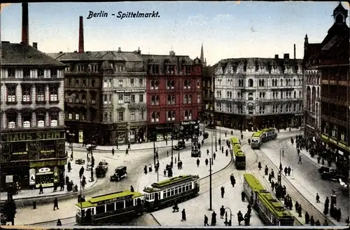 Ak Berlin Mitte, Partie am Spittelmarkt, Straßenbahnen, Haus Stein, Handlung von Eduard Palm