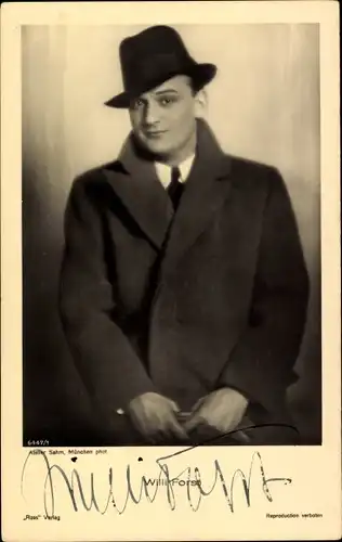 Ak Schauspieler Willi Forst, Portrait, Mantel, Hut, Ross Verlag 6447 1, Autogramm