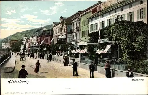 Ak Rüdesheim am Rhein, Die Rheinstraße mit Geschäften und Hotel
