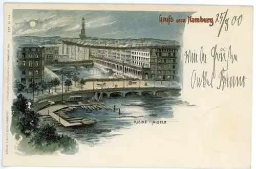 Glitzer Mondschein Litho Hamburg Mitte Neustadt, Kleine Alster bei Nacht