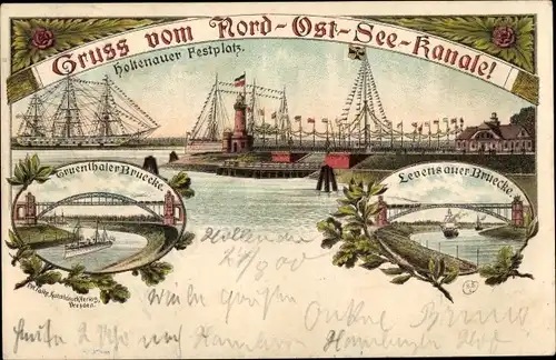 Litho Holtenau Kiel in Schleswig Holstein, Nord Ostsee Kanal, Levensauer Brücke