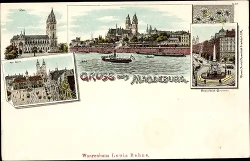 Litho Magdeburg in Sachsen Anhalt, Alter Markt, Dom, Dampfer, Haggelbach Brunnen