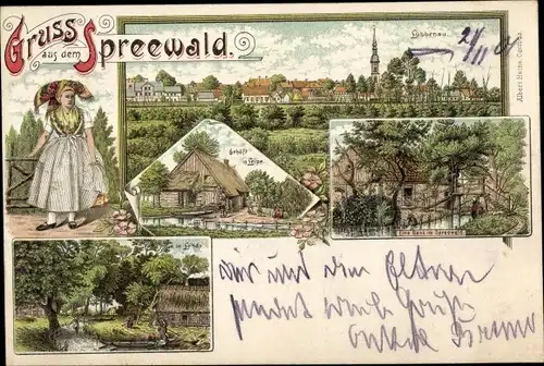 Ak Leipe Lübbenau im Spreewald, Panorama, Gasthof, Frau in Tracht