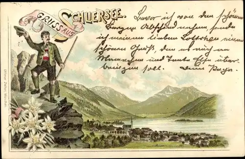 Litho Schliersee, Panorama vom Ort und Blick über den See zum Gebirge