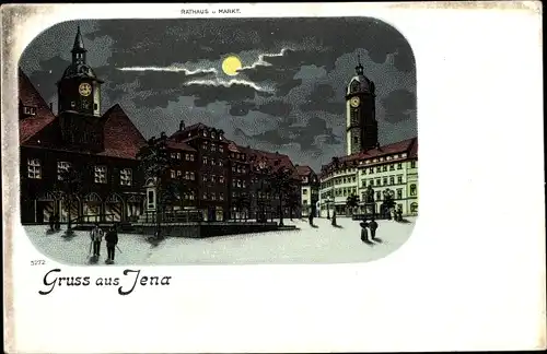 Mondschein Litho Jena in Thüringen, Rathaus und Markt bei Mondenschein