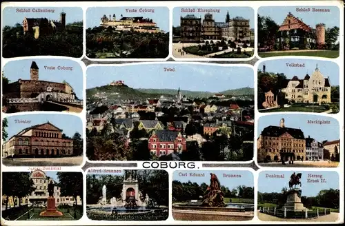 Ak Coburg in Oberfranken, Veste, Schloss, Hoftheater, Brunnen, Denkmal, Volksbad, Totalansicht