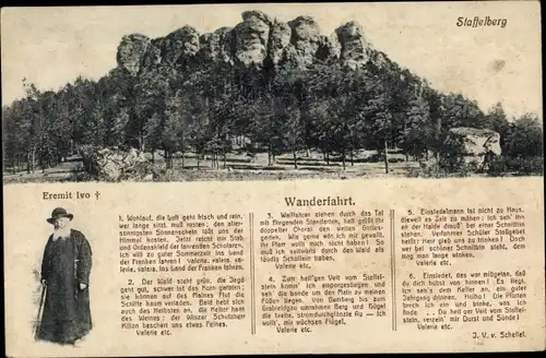 Ak Bad Staffelstein am Main Oberfranken, Staffelberg, Gedicht Wanderfahrt, Scheffel, Eremit Ivo