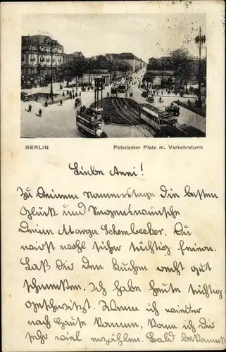Ak Berlin Tiergarten, Potsdamer Platz, Verkehrsturm, Straßenbahn