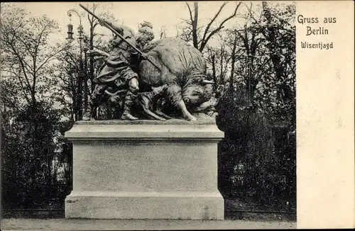 Ak Berlin Tiergarten, Plastik Wisentjagd