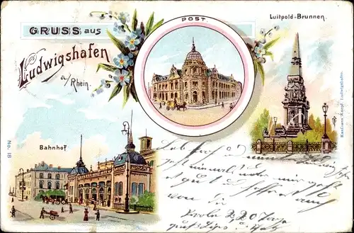 Litho Ludwigshafen am Rhein, Post, Luitpoldbrunnen, Bahnhof