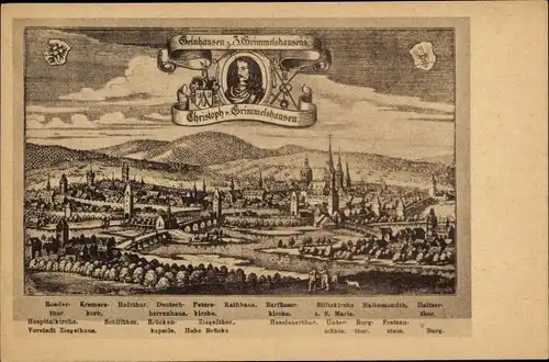 Ak Gelnhausen in Hessen, Gesamtansicht vom Ort, einst, Portrait von Christoph von Gimmelshausen