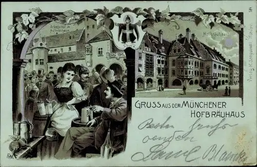 Mondschein Litho München, Arkadenhof im Hofbräuhaus, Arkadenhof, Kindl