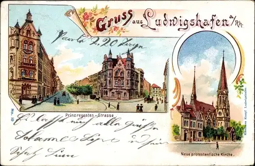 Litho Ludwigshafen am Rhein, Prinzregentenstraße, Neue protestantische Kirche