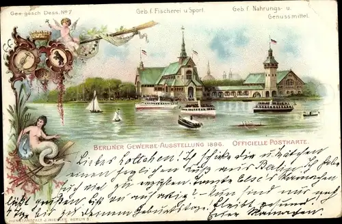 Litho Berlin Treptow, Gewerbeaustellung 1896, Geb. f. Fischerei und Sport