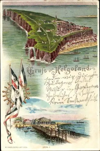 Litho Nordseeinsel Helgoland, Luftbild der Insel, Flaggen, Seebrücke