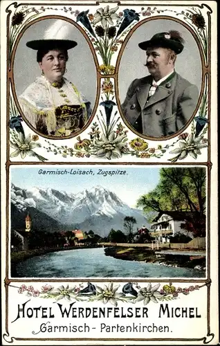 Ak Garmisch Partenkirchen in Oberbayern, Hotel Werdenfelser Michel, Zugspitze, Portraits