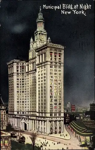 Ak New York City USA, städtisches Gebäude bei Nacht