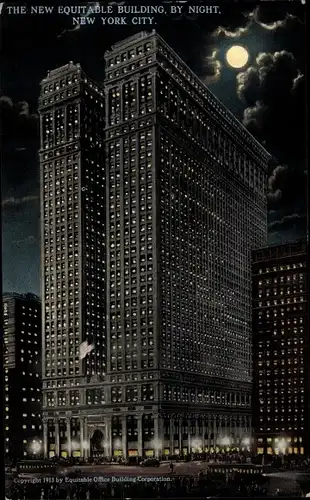 Ak New York City USA, New Equitable Building bei Nacht